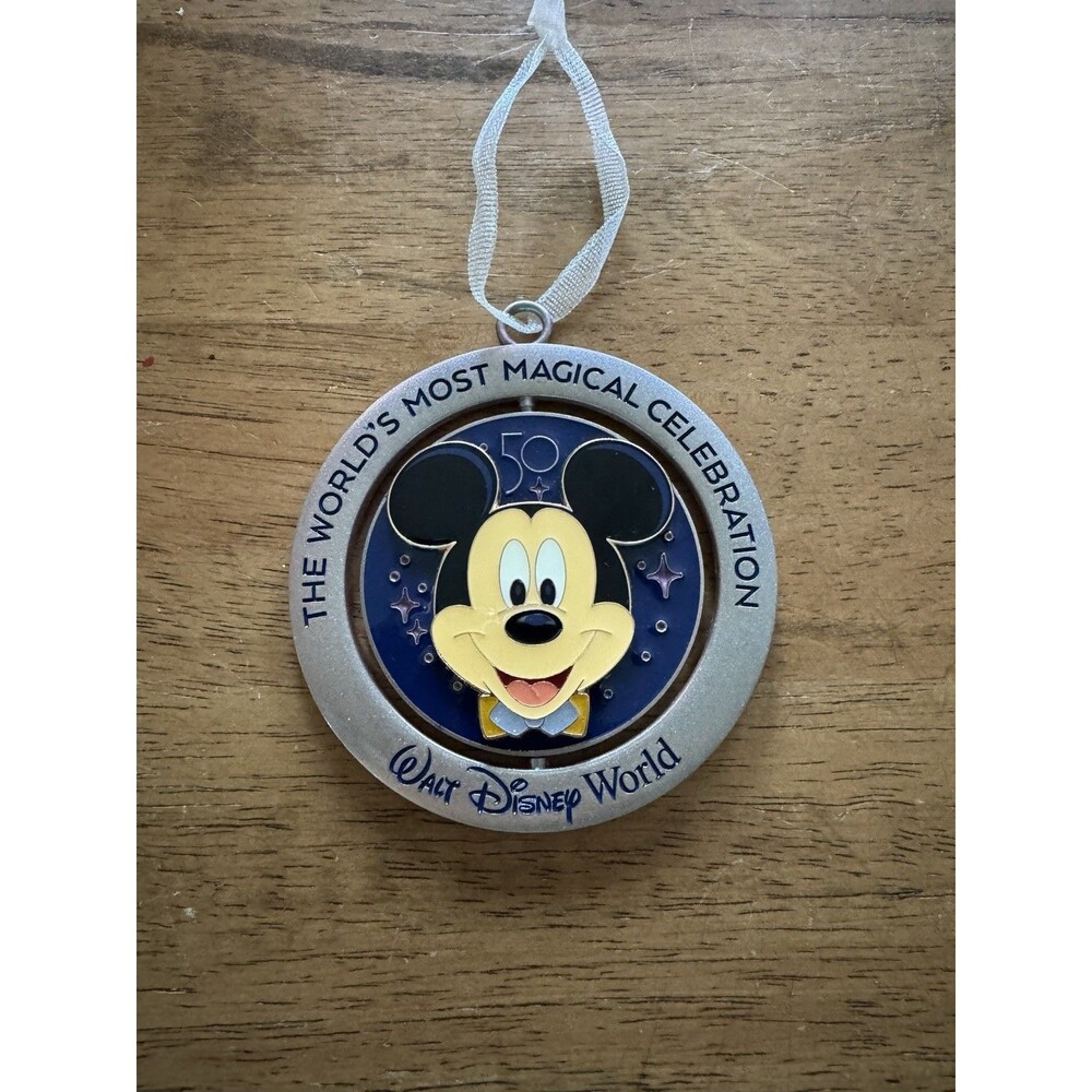 NWT Disney World 50th Anniversary Mickey Mouse Metal Spin Ornament 2-Sided